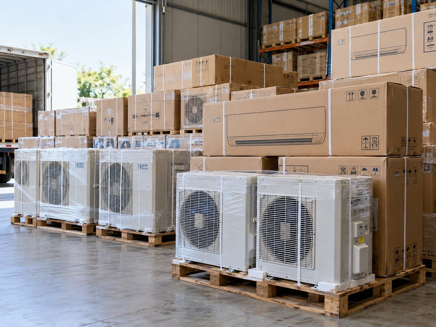 Climatiseurs et unités extérieures livrés sur palettes pour une commande groupée
