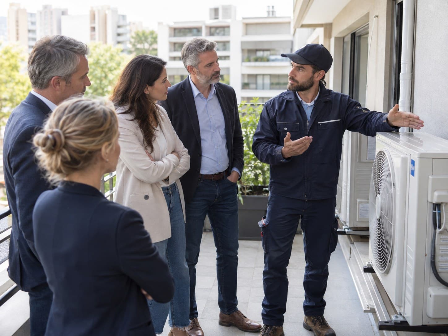 Un technicien montre l'implantation des unités extérieures à des copropriétaires sur un balcon