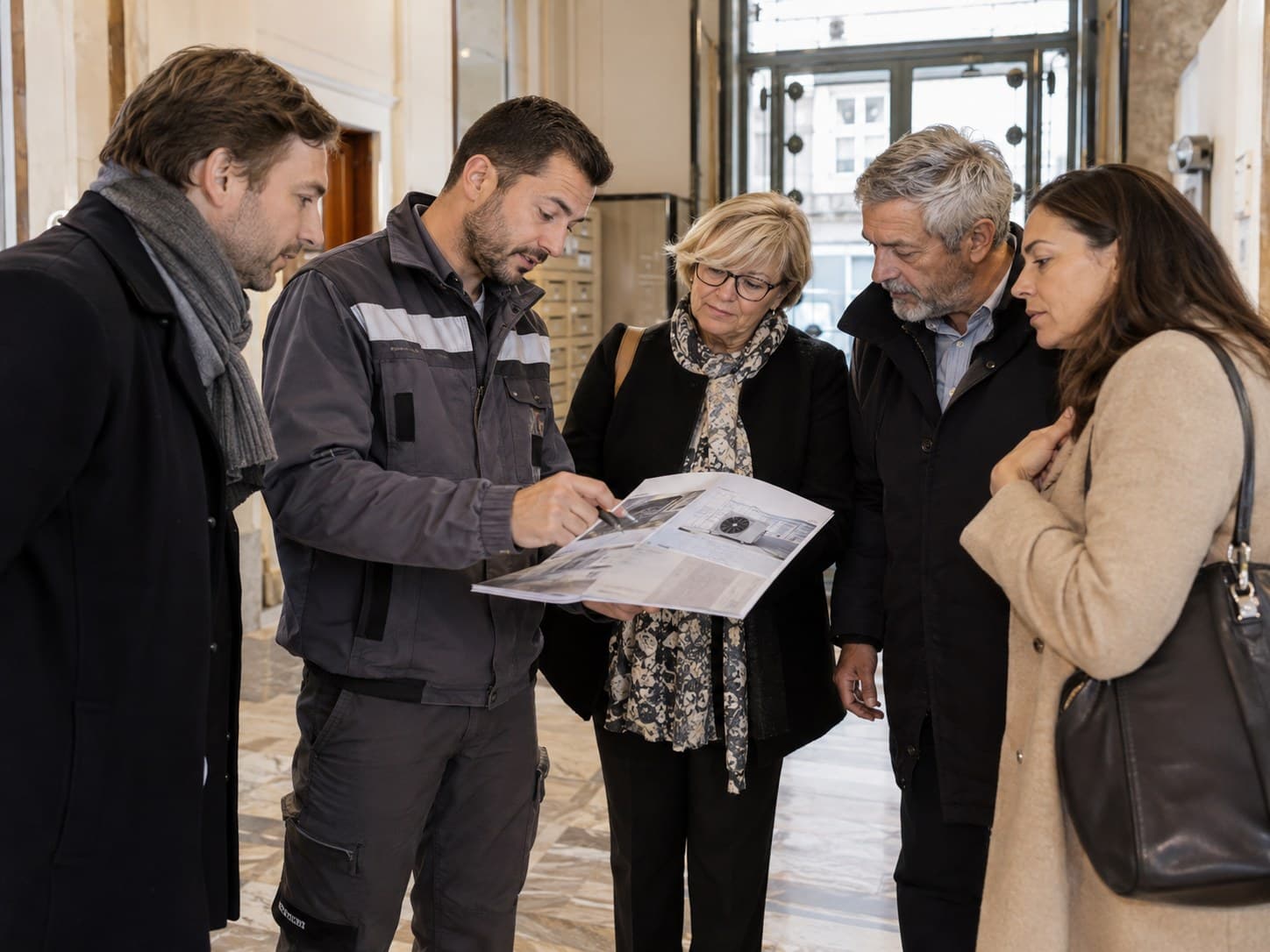 Un technicien présente le projet de climatisation à des copropriétaires dans le hall de l'immeuble