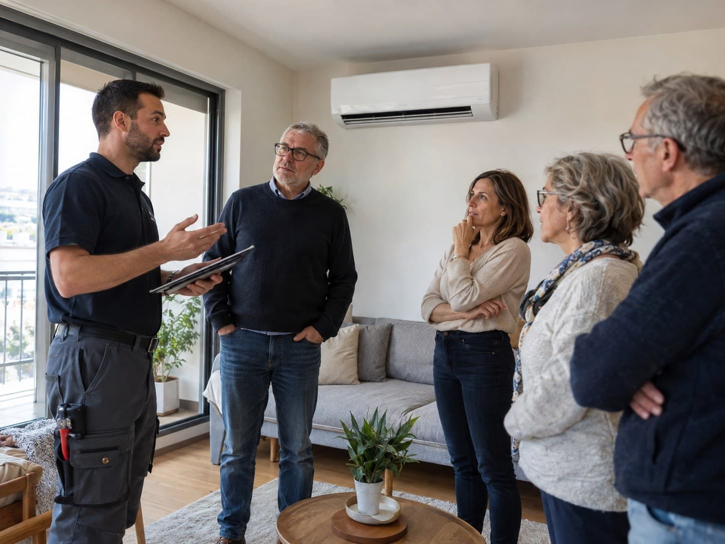 Un technicien de l'Atelier présente la climatisation installée à un groupe de copropriétaires